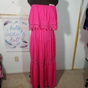 Davi & Dani Pink Boho Barbiecore Strapless Maxi Dress Crochet Trim Large